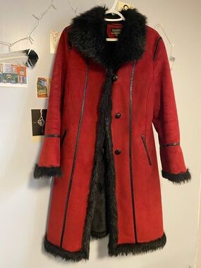 Red Faux-Fur Trimmed Long Coat - Women's